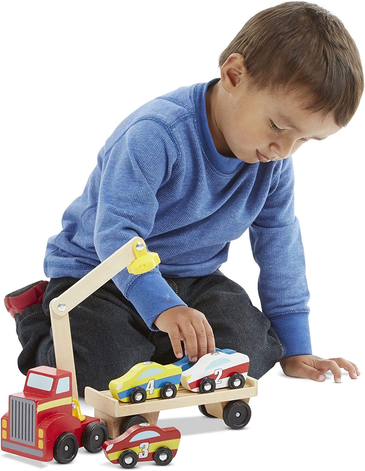 Melissa & Doug Magnetic Car Loader Truck - Wooden Cars & Truck Crane Toy