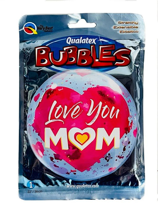 Love You Mom Red Heart, Qualatex 22" Bubble Balloon Round Helium Balloon
