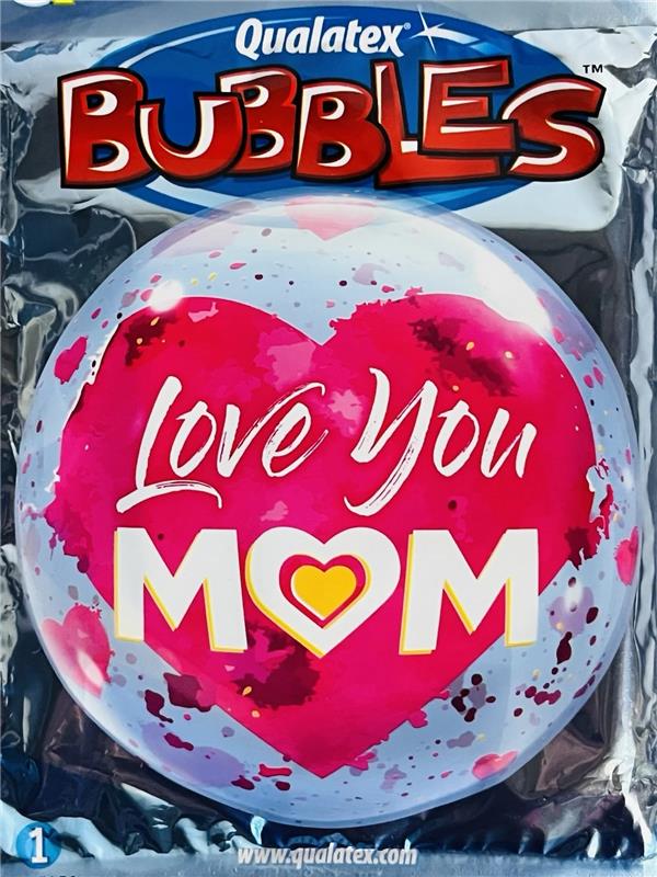 Love You Mom Red Heart, Qualatex 22" Bubble Balloon Round Helium Balloon