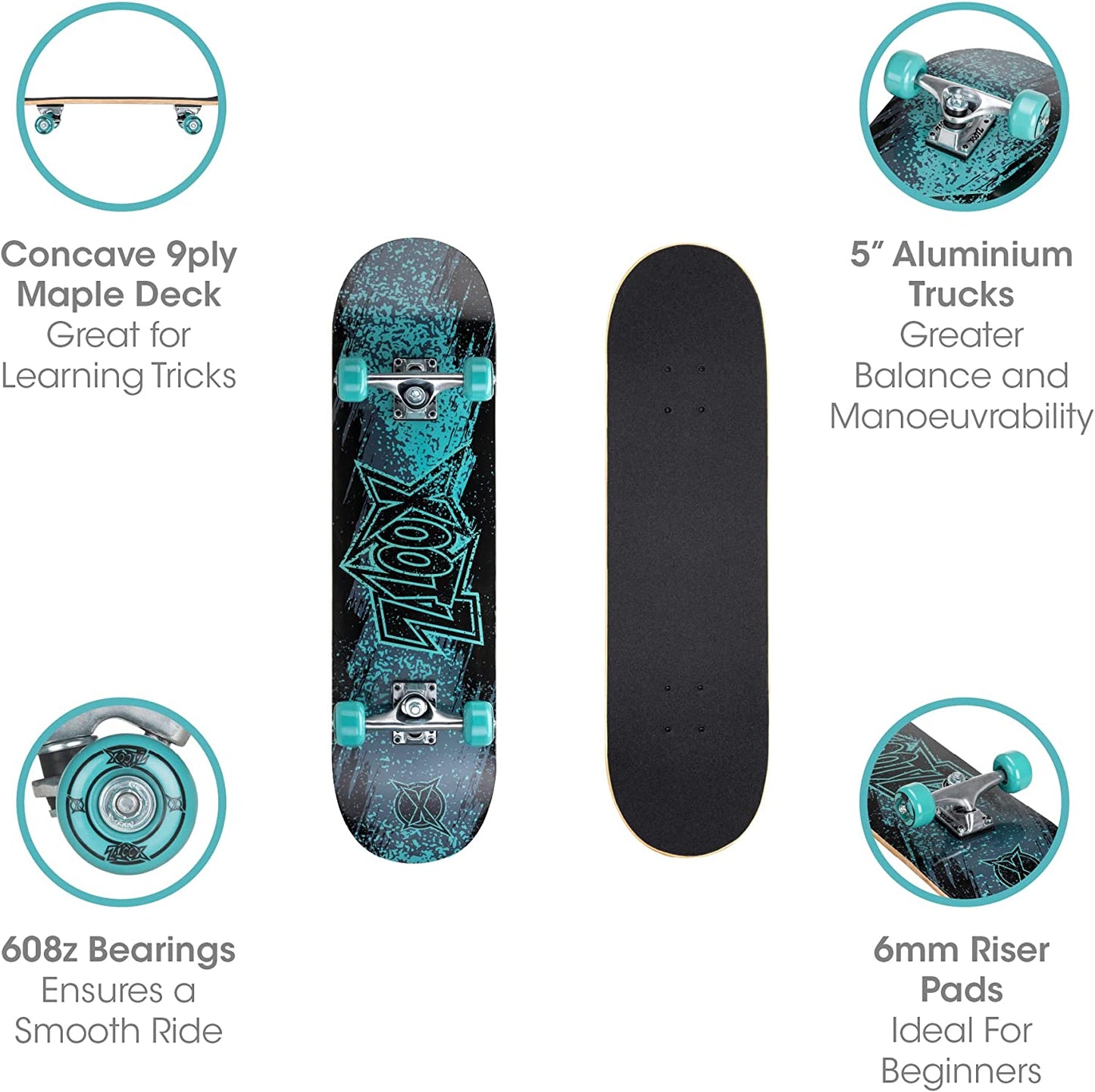 Xootz 31” x 8” Complete Skateboard for Beginners 9 Ply Maple Deck Double Kick Standard Board for Boys and Girls - Streak