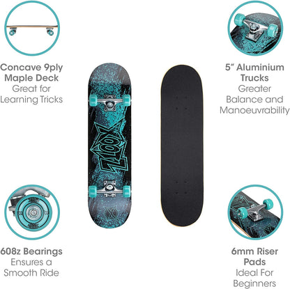 Xootz 31” x 8” Streak - Complete Skateboard for Beginners 9 Ply Maple Deck Double Kick Standard Board for Boys and Girls  - Streak