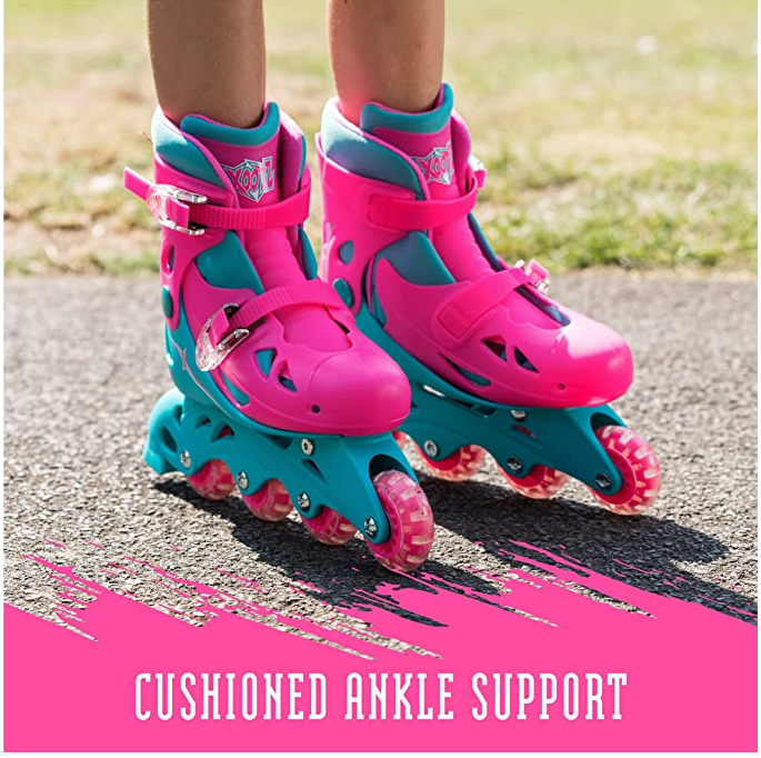 XOOTZ® Inline Roller Skates Pink (Small) Adjustable 4 Wheels Skates Durable Safe Lock Straps for Kids and Beginners