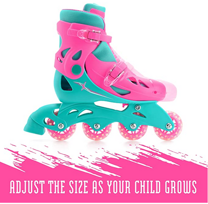 XOOTZ® Inline Roller Skates Pink (Small) Adjustable 4 Wheels Skates Durable Safe Lock Straps for Kids and Beginners
