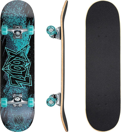 Xootz 31” x 8” Complete Skateboard for Beginners 9 Ply Maple Deck Double Kick Standard Board for Boys and Girls  - Streak