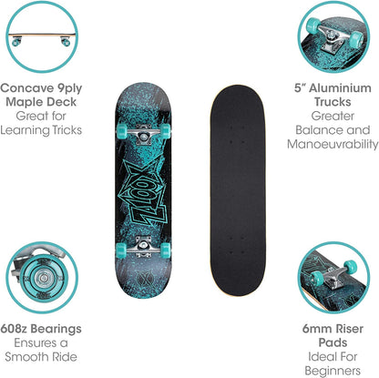 Xootz 31” x 8” Complete Skateboard for Beginners 9 Ply Maple Deck Double Kick Standard Board for Boys and Girls  - Streak