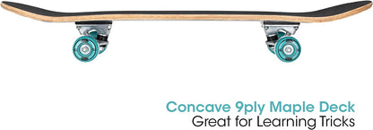 Xootz 31” x 8” Complete Skateboard for Beginners 9 Ply Maple Deck Double Kick Standard Board for Boys and Girls  - Streak