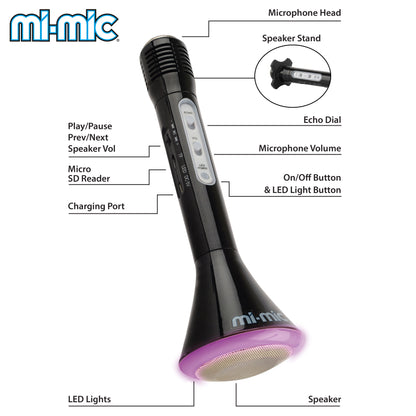 Mi-Mic Karaoke Microphone Speaker with Wireless Bluetooth and LED Lights, Black - Rich Kids Playground