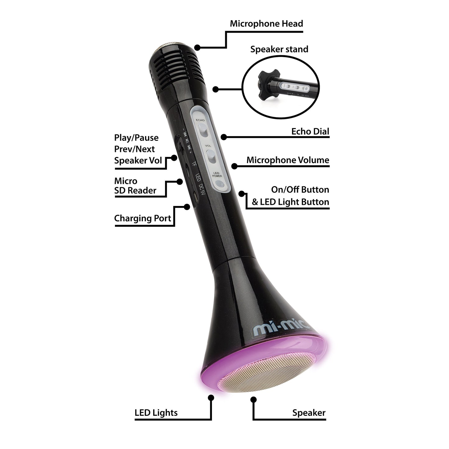 Mi-Mic Karaoke Microphone Speaker with Wireless Bluetooth and LED Lights, Black - Rich Kids Playground