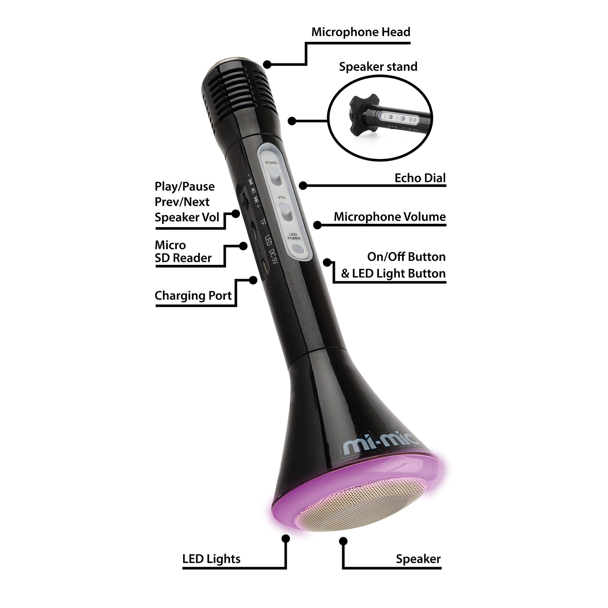 Mi-Mic Karaoke Microphone Speaker with Wireless Bluetooth and LED Lights, Black - Rich Kids Playground