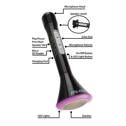 Mi-Mic Karaoke Microphone Speaker with Wireless Bluetooth and LED Lights, Black - Rich Kids Playground